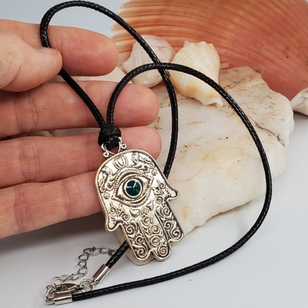 ❤️ Hamsa Hand Silver Pendant black Cord Necklace